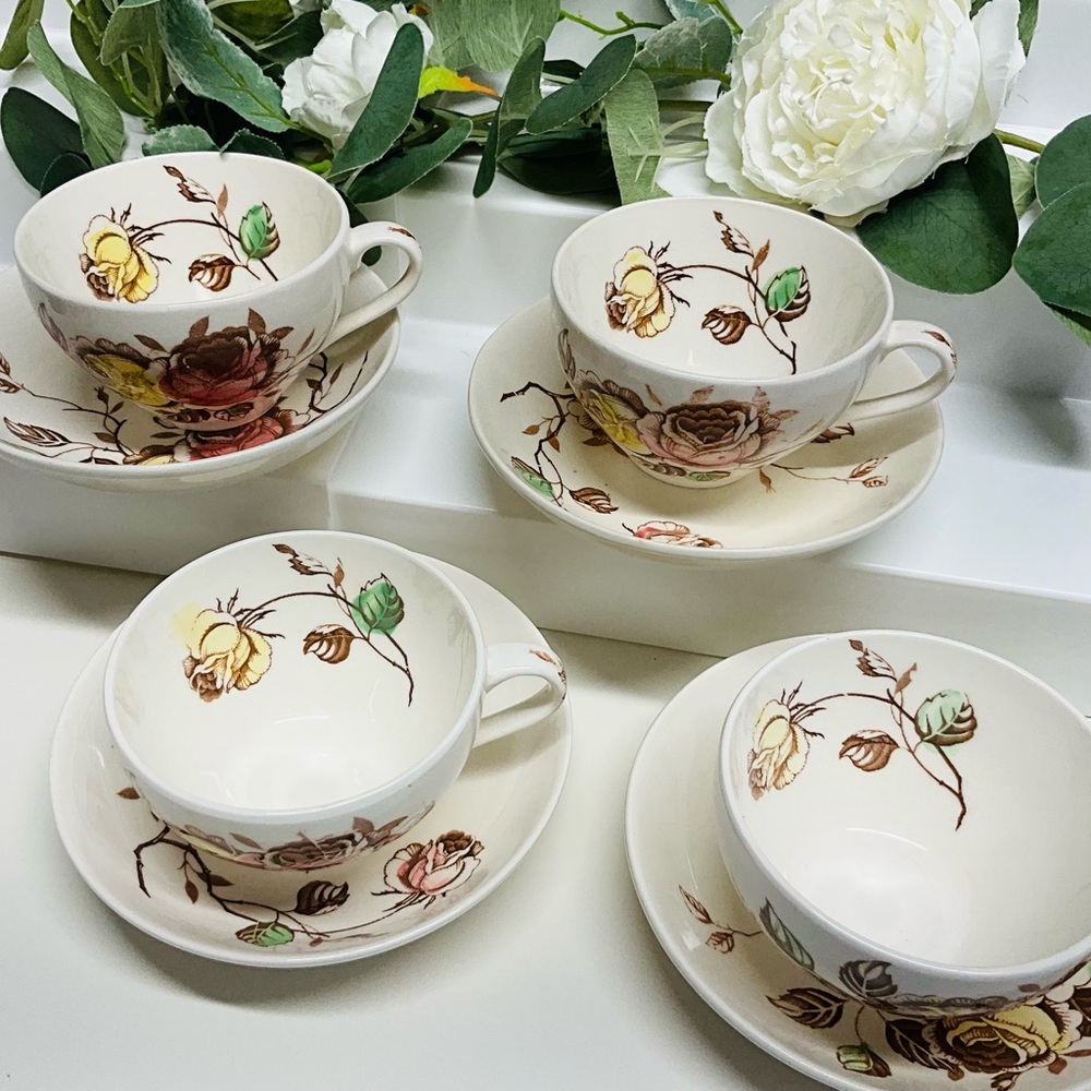 Vintage Nasco Rosalie Porcelain Japan Hand painted tea cup+plate set of 8 pieces